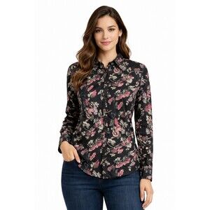 Chaps Women's Shirt Floral Button Down Blouse M Long Sleeve Black Casual Office